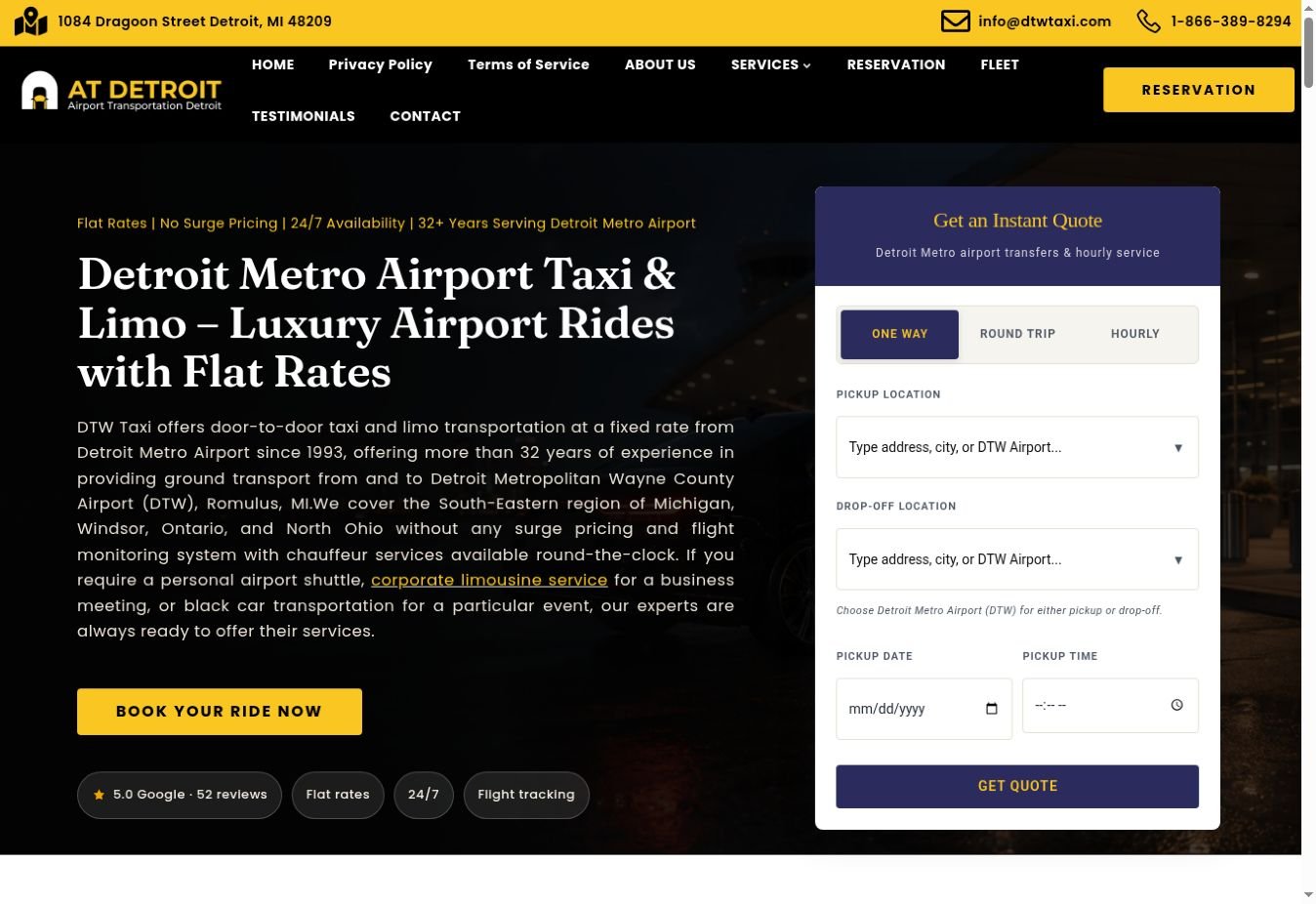 DTW Taxi website homepage preview