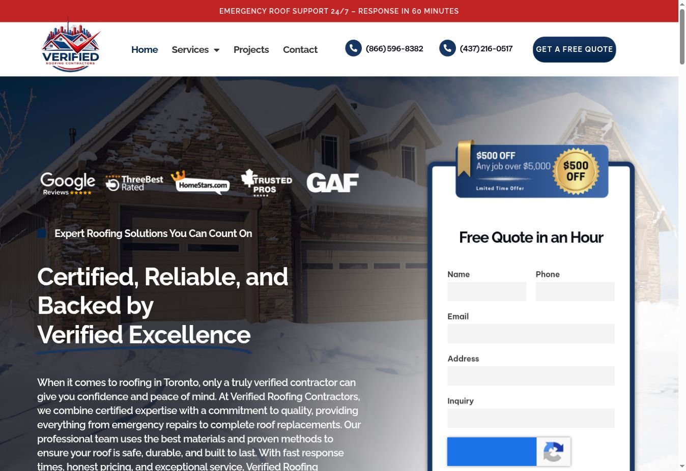Verified Roofing Contractors website homepage preview
